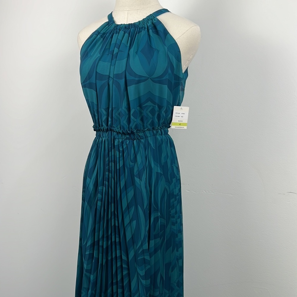TAYLOR Teal Pleated Asymmetrical Midi Dress Size 4 teal blue halter beach aqua